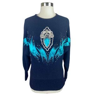 Vintage 80’s Cedars Black & Turquoise Angora Knit Jeweled Sweater
